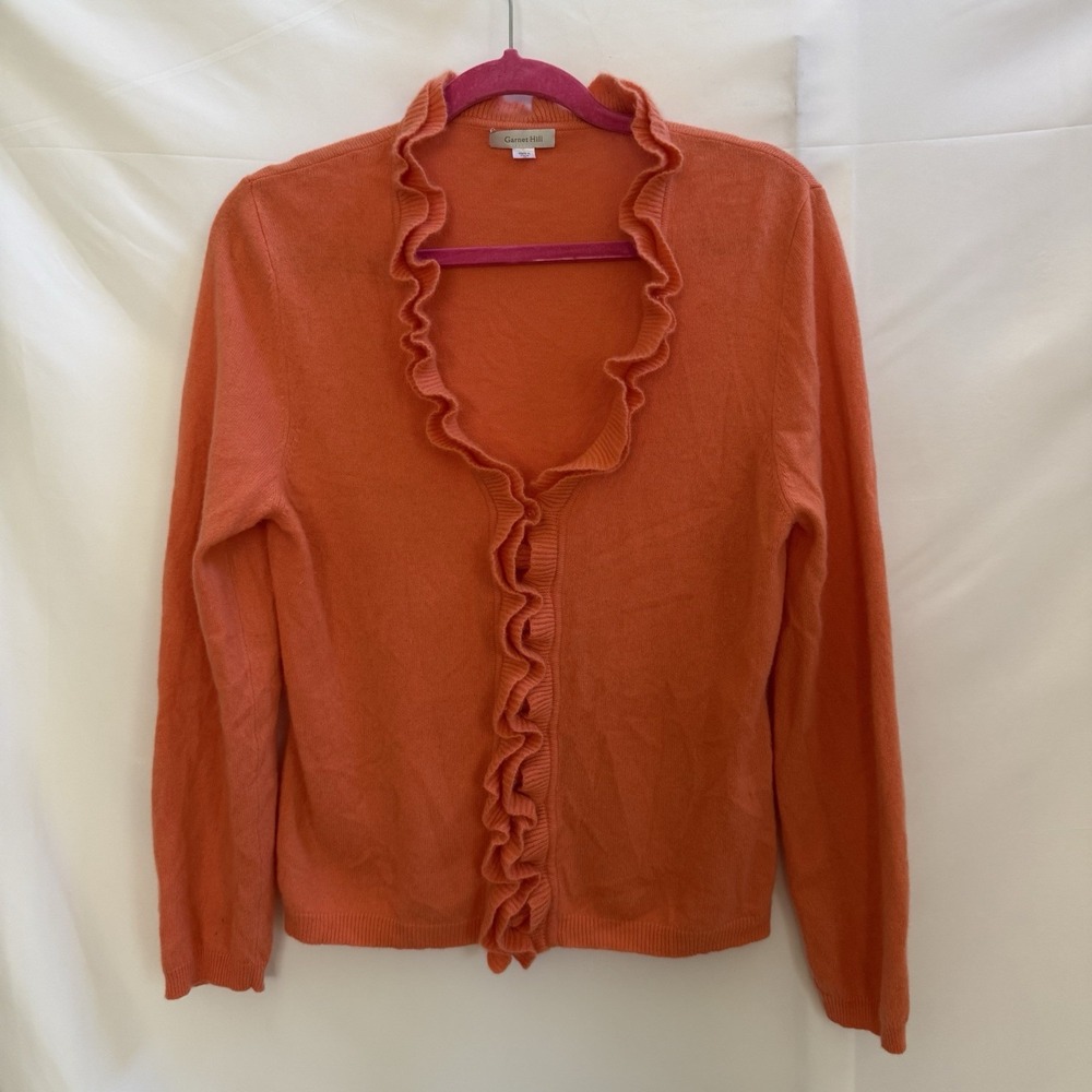 Garnet Hill Womens Orange 100% Cashmere Ruffle Neck Button Cardigan Sweater M